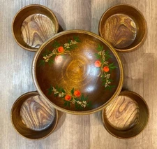 Wooden Salad Bowl Set with 4 Individual Wooden Serving Dishes-hand painted