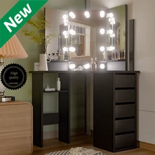 Corner Makeup Vanity Desk with Mirror & Lights 44'' Bedroom Vanity Table Shelf#