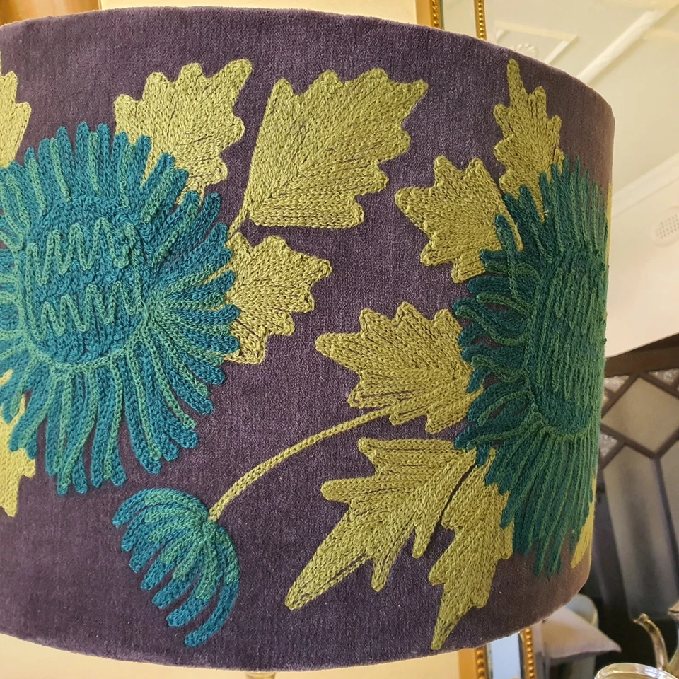Pair of Stunning Pewter Lamps with Embroidered Green Velvet Shades - image 2 of 4