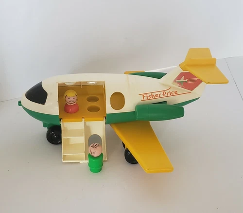 Fisher Price Little People Jet Plane Green Yellow #182 Vintage 1980 & 2 Figures