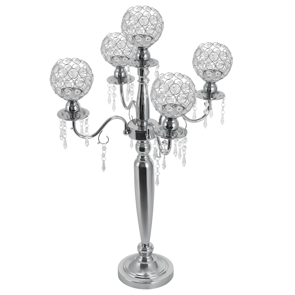 4 Pcs 5 Arm Crystal Candelabra Centerpieces Silver Candle Holder Freestanding - Image 3 of 4