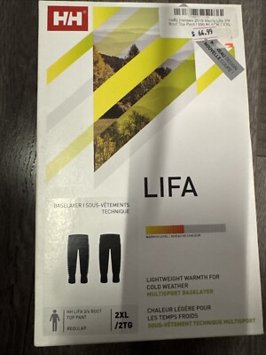 Helly Hansen Men's Lifa Base Layer 3/4 Boot Lightweight Black Pant Size 2XL