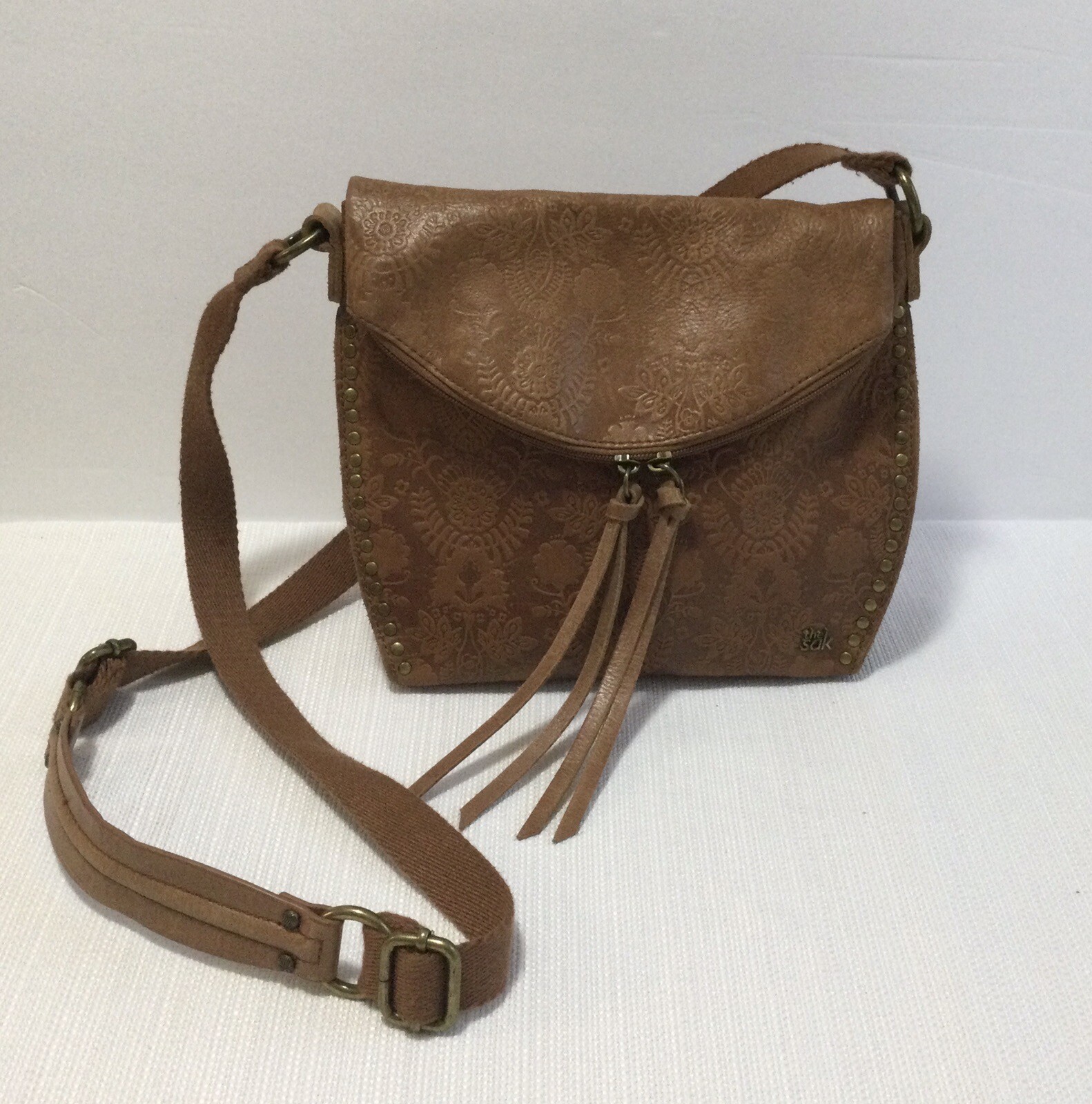 The Sak Silverlake Embossed Teak Brown Tooled Leather Crossbody Bag