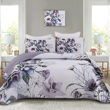 Purple Floral Quilt Set Queen Size 3 Pieces Purple Botanical Flower Quilt Coverl