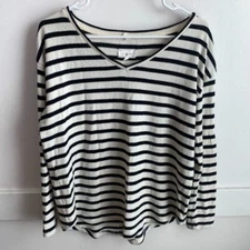 Lou & Grey White & Black Striped V-Neck Long Sleeve Shirt Size Small