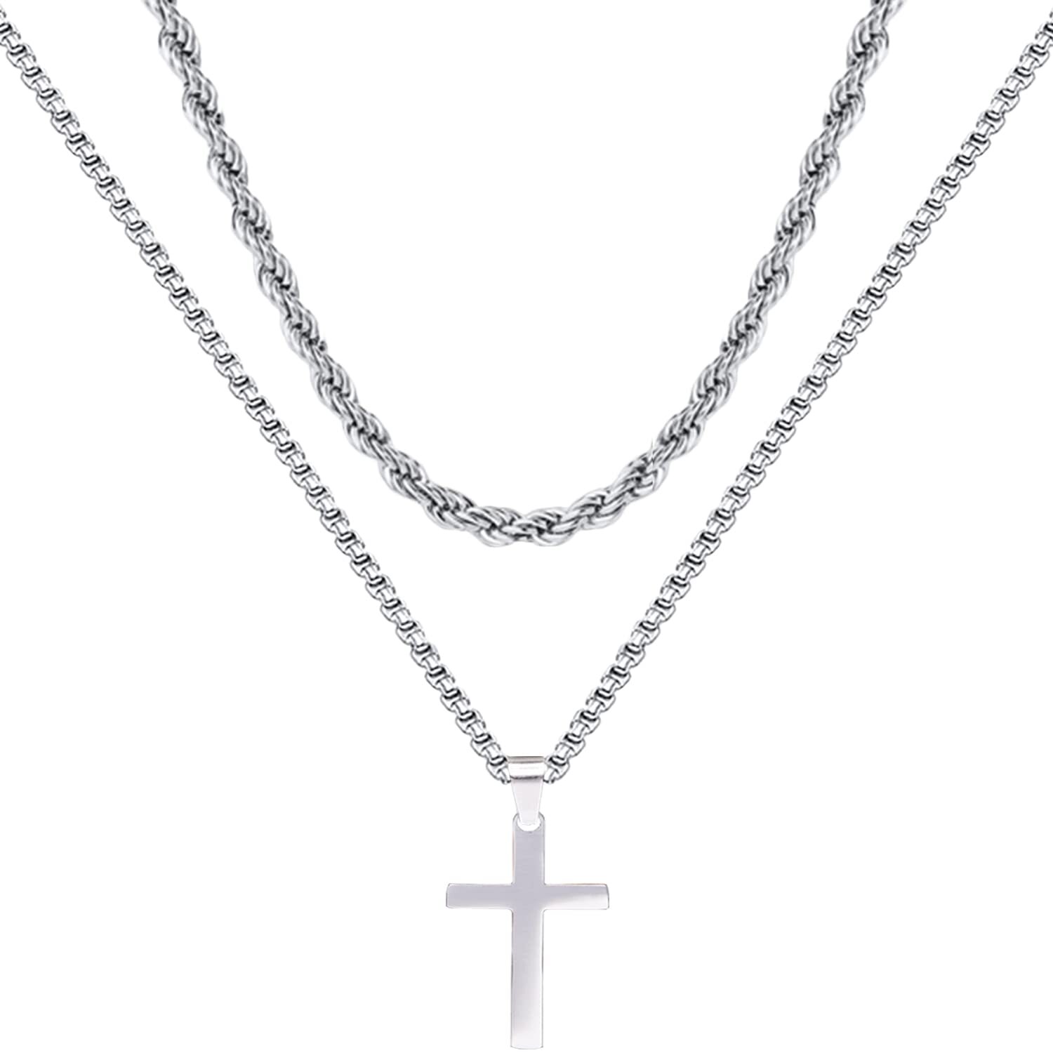 Cross Necklace for Men Boy - Gold Silver Black Stainless Steel Plain Cross Pe...