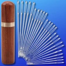 25pc Large Eye Hand Sewing Needle Set with Wood Case for Cross Stitch Embroidery