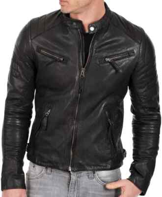 Men s Cafe Racer Biker Jacket Real Sheepskin Leather Slim Fit Motorcycle