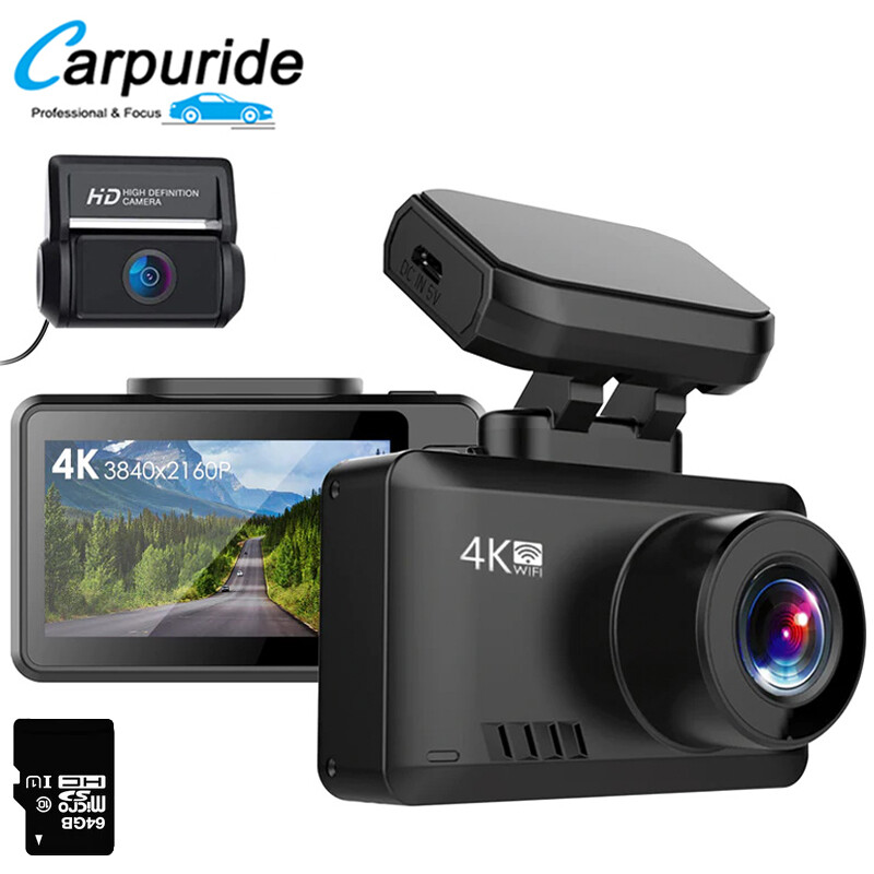 Cámara de tablero de visión nocturna CARPURIDE frontal trasera 4K UHD cámara de tablero incorporada WiFi GPS