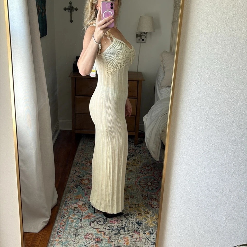 Maxi Vestido Tejido Línea y Punto Crochet Mujer Mediano Marfil Crema Foto 3 de 4