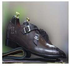 Handmade Men's Brown Cross Monk Straps Genuine Leather Shoes, Sale !!!