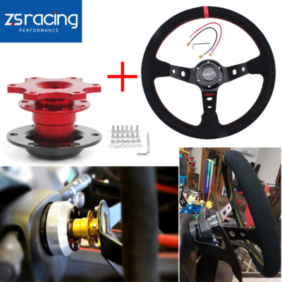 14  Steering Wheel with Suede Leather Drifting 6 Bolt + Quick Release Adapter