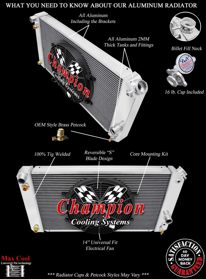 Radiador RS Champion 4 filas, ventilador de 14" para Chevrolet S10 Chevy V8 1986-2005 conv Foto 3 de 4