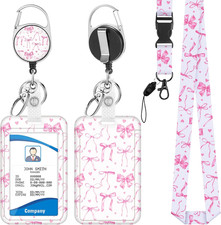 Pink Bow Badge Lanyard with Retractable Reel and Clip for Id Cards