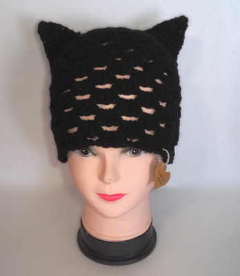 Handmade Crochet Cat Ear Beanie Black Granny Stitch Goth Alt Festival Hat
