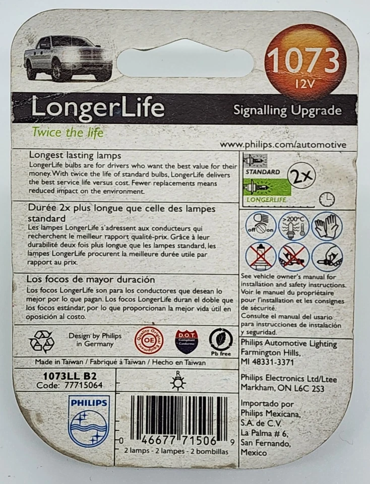 Philips 1073LLB2 lâmpada de seta de longa duração 1073 - 2 PACOTES - Imagem 2 de 3