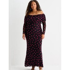 Premier Amour Womens Off the Shoulder Maxi Dress Black Pink Polka Dot Size 6