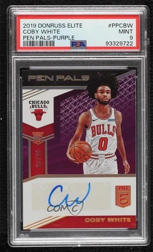 2019-20 Donruss Elite Pen Pals Purple /25 Coby White PSA 9 MINT Rookie Auto RC