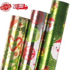 Christmas Wrapping Paper 3 Rolls Green Silver Red Metallic Foil Shine Gift Wrapp