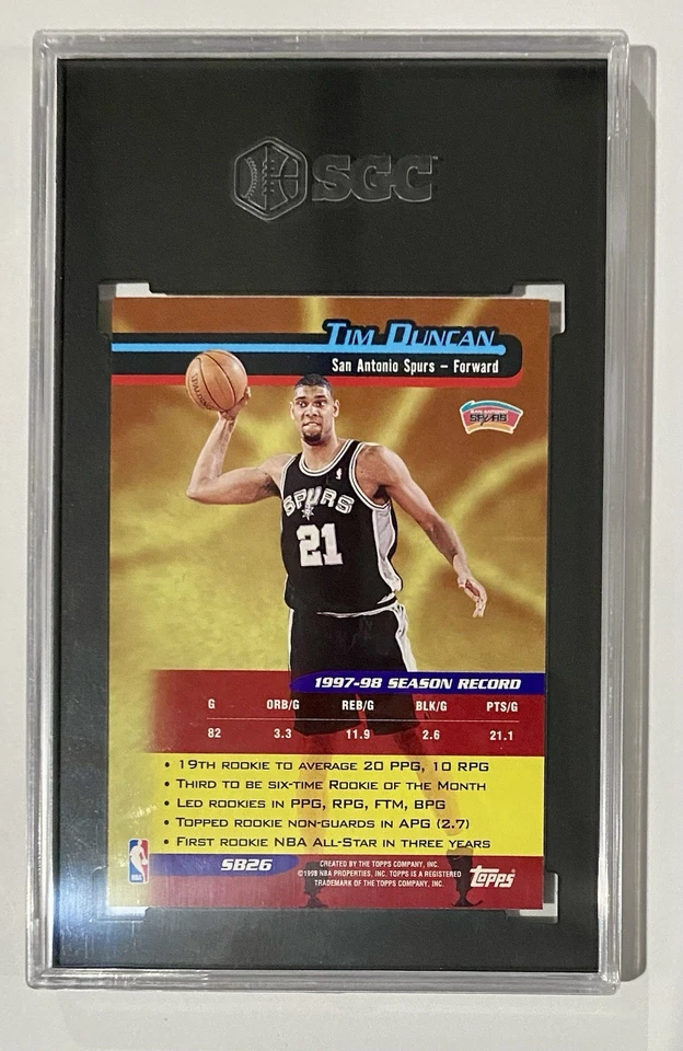 1998-99 Topps Chrome Season's Best Newcomers Tim Duncan #SB26 Refractor SGC 10 - Image 2 of 3