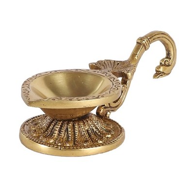 Two Moustaches Handcarved Brass Diya|Ethnic Curved Handle Oil Lamp for Puja Gift