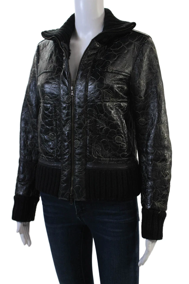 Chaqueta Bomber Carla Falleri Mujer Cuero Floral Bordada Negra Talla Pequeña Foto 3 de 4