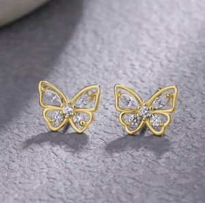 Authentic Gold Plated Butterfly Stud Earrings 925 Sterling Silver CZ Gold Earrings