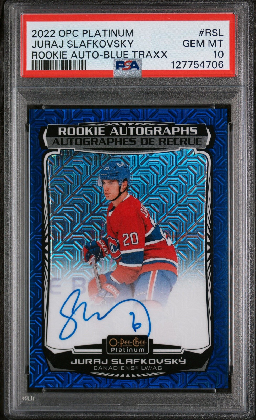 2022-23 O-Pee-Chee Platinum Blue Traxx Rookie Auto JURAJ SLAFKOVSKY RC PSA 10