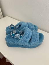UGG Oh Fluffita Slingback Slippers Blue Sheepskin/Platform Shoes Women's Size 8