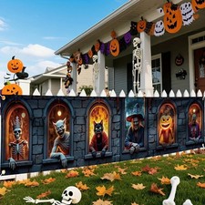 Halloween Horror Stone Window Fence Banner, Skeleton Witch Black Cat Werewolf