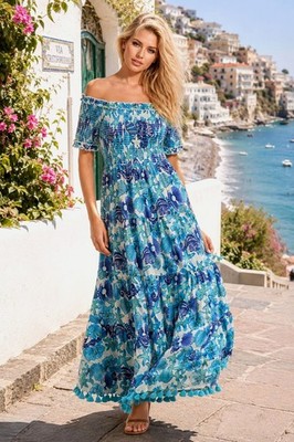 Colori Di Mare FS Blue Seashell Smocked Off Shoulder Maxi Dress Beachy Cottageco