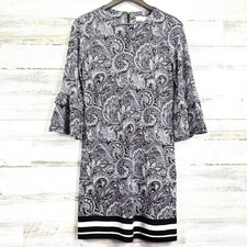 Michael Kors Black White Paisley Print Sheath Dress Flared Bell 3/4 Sleeve XS