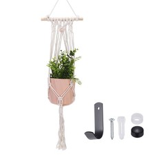 Macrame Plant Hanger, 34 in Plant Hanger with Hook,Wooden Bead Style Beige