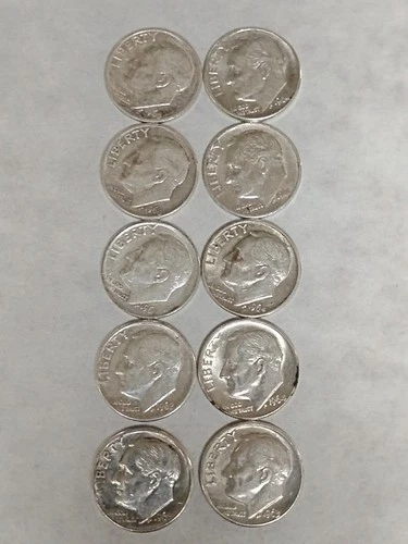 Lot of 10 - U.S. 90% Silver Roosevelt Dimes 1960- 1964 P D XF $1 Face #44