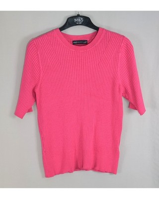 M&S Collection Damen Rippstrick Top Gr. 14 Hellrosa Rundhalsausschnitt R2553
