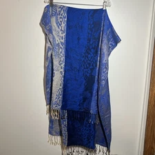 100% Pashmina Womens Scarf Wrap Shawl Light Blue Striped Paisley