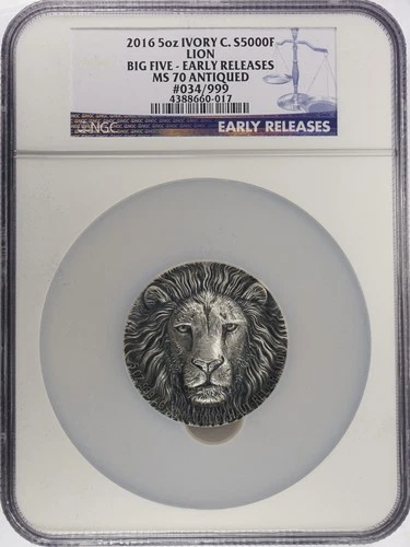 2016 Ivory Coast 5000 Francs African Lion Big Five 5 NGC MS70 Box/COA