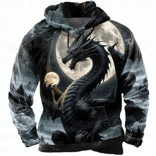 Full Moon Black Dragon Hoodie   3D Gothic Fantasy Pullover Sweatshirt