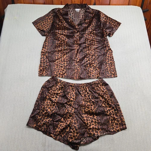 Secret Treasures Pajama Set Womens XL Leopard Print Satin Shirt Bottoms Shorts