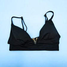 Victorias Secret Black Metal Logo Padded Large Triangle Bikini Top Swimsuit New