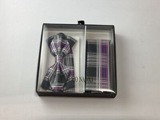 Mens Vesuvio Napoli Gray and Pink Check Bow Tie Pocket Square Set NEW