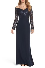 TADASHI SHOJI Navy Blue Sequin Shimmer Embroidered Lace Allyson Gown 6 S NEW