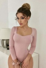 NEW Fashion Nova S/SMALL Anything But Square Long Sleeve Bodysuit Pink BLUSH