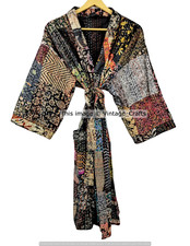Indian Silk Kantha Handmade Women Kimono Robe Hippie Style Black Kimono Jacket