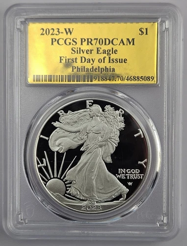 2023-W Proof Silver Eagle PCGS PR 70 DCAM First Day Philadelphia Gold Label