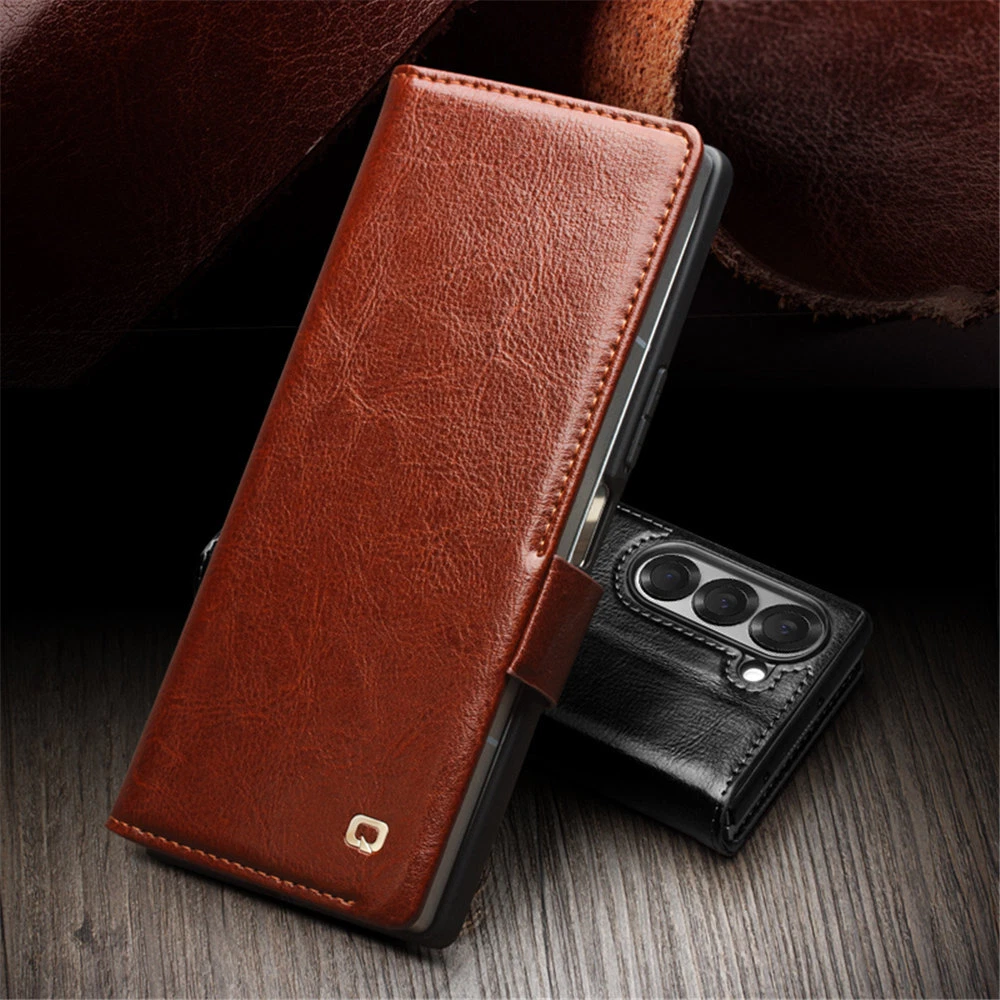 Genuine Cowhide Leather Flip Case for Samsung Galaxy Z Fold6 5 Card Pocket Cover - Picture 1 of 30