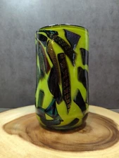 Hand Blown Robbins Ranch Green Metallic Dichroic Chards Art Glass Cylinder Vase