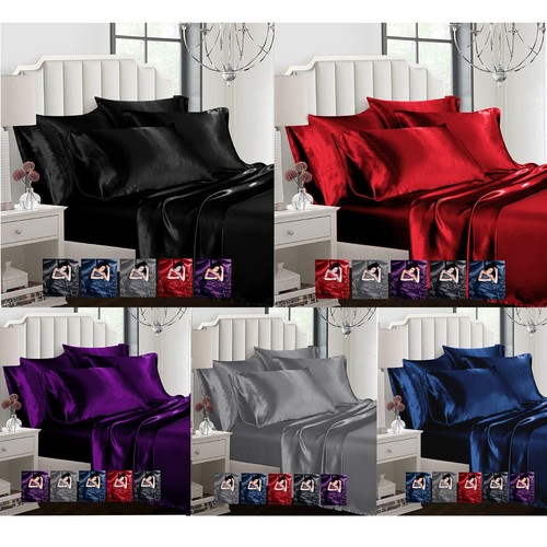 Satin 6pcs Silky Bedding Set Queen/King Duvet Cover Fitted Sheet & 4 Pillowcases - Picture 1 of 42