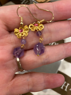 NEW HIGH END*RARE*GORGEOUS GENUINE AMETHYST天然紫水晶 GOLD S925银镀金 EARRINGS!!