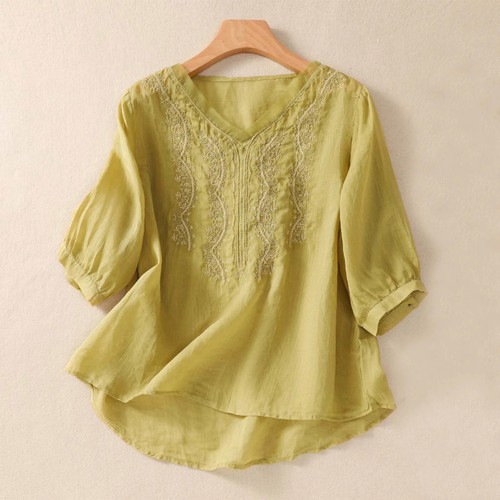 Vintage Ethnic Style Cotton Linen Blouse Summer Women Clothing Fashion - Afbeelding 3 van 28